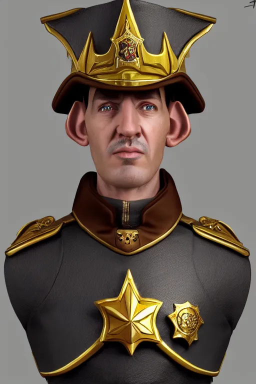 Prompt: high elf mall cop with a sheriff's badge, they are shifty and incompetent, Oil Painting, hyperrealistic, Detailed Digital Art, RPG portrait, 3/4 bust, dynamic lighting, Highly Detailed, Cinematic Lighting, 8k, HD