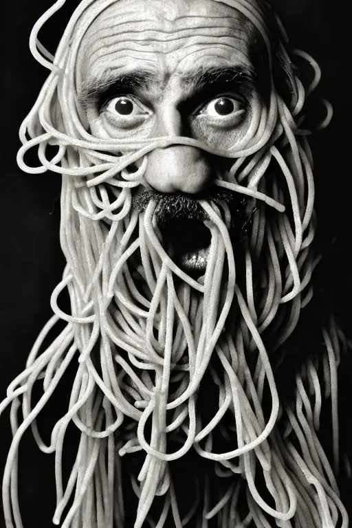 Image similar to extremely detailed portrait of old italian cook, spaghetti mustache, slurping spaghetti, spaghetti in the nostrils, spaghetti hair, spaghetti beard, huge surprised eyes, shocked expression, scarf made from spaghetti, full frame, award winning photo by george hurrell