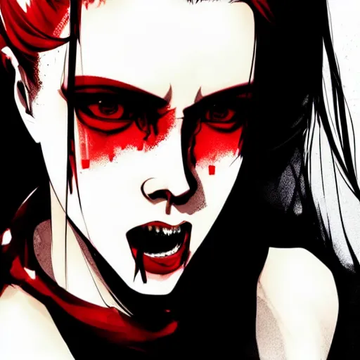 Image similar to style of yoji shinkawa : : gorgeous vampire amy adams : : sharp teeth fangs, open mouth sneer : : symmetrical face, symmetrical eyes : : gorgeous red hair : : magic lighting, low spacial lighting : :