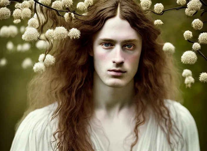 Prompt: portrait photography of a beautiful man how pre-Raphaelites beauty type in style of Nicolas False, britt marling style 3/4 , his hair are intricate with highly detailed realistic branches with flowers, beautiful ethereal lace white robes, 8K, soft light, volumetric lighting, highly detailed Realistic, Refined, Highly Detailed, natural outdoor soft pastel lighting colors scheme, outdoor fine art photography