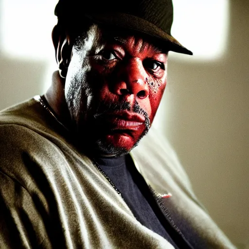 Image similar to a candid portrait photograph of Morgan Freeman starring as rapper The Notorious B.I.G, in the style of Chi Mondu, shallow depth of field, 40mm lens