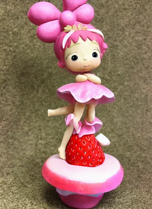 Prompt: a wholesome femo figurine of a cute funny strawberry fairy with freckles wearing a frilly floral strawberry dress featured on yotsuba by studio ghibly and disney made of strawberry jam jar, pastels, wide angle, dynamic dancing pose, 🎀 🍓 🧚