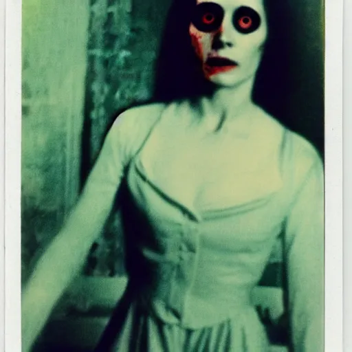 Prompt: a dark film still of lady with demonic possession, big budget horror, a polaroid photo, bleeding decaying colors!