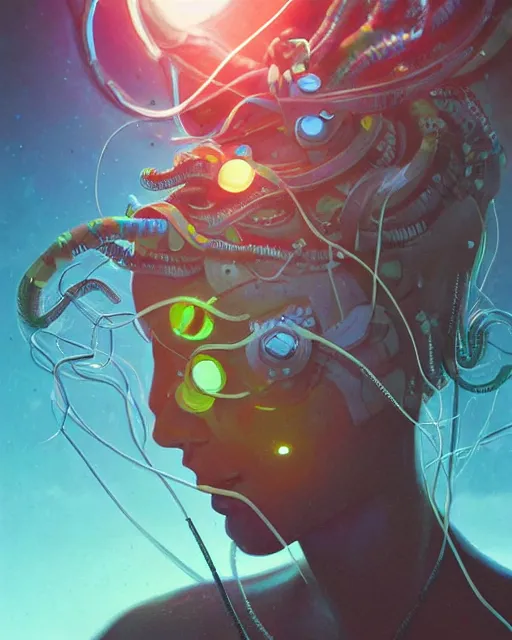Prompt: muted, minimal, african plains, a cyberpunk close up portrait of cyborg medusa, electricity, snakes in hair, sparks, bokeh, soft focus, skin tones, warm, sky blue, daylight, by paul lehr, jesper ejsing