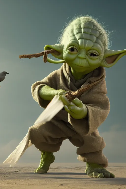 Image similar to Yoda smacking a seagull with a stick, hyperdetailed, artstation, cgsociety, 8k