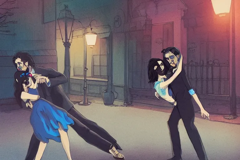 Prompt: a zombie couple dancing tango in the streets of Buenos aires at night, dark blue long hair, muted colors, matte print, pastel colors, ornate, digital art, cute smile, digital painting, fan art, elegant, pixiv, by Ilya Kuvshinov, by Studio Ghibli