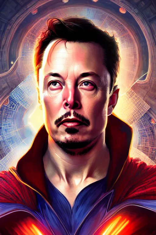 Image similar to elon musk as dr strange, realistic portrait, symmetrical, highly detailed, digital painting, artstation, concept art, smooth, sharp focus, illustration, cinematic lighting, art by artgerm and greg rutkowski and alphonse mucha