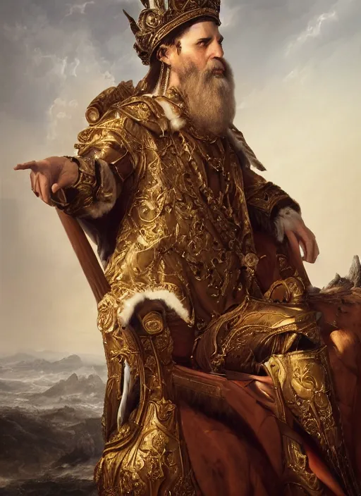 Image similar to wisened philosopher king (an absolute monarch of his wealthy european kingdom) resides on his trone, his gaze transfixed on the horizon of the infinite timespan, highly detailed DnD portrait by Raffaello Ossola and Ross Tran and Greg Rutkowski, stunning detail, 8k, 4k