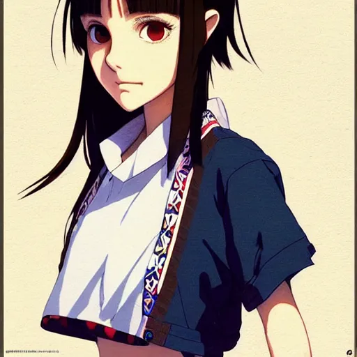 Image similar to a beautiful! boyish! natalie portman alluring gravure! model, wearing japanese school girl outfit with mayan pattern and native style, aztec street fashion, gapmoe yandere grimdark, trending on pixiv fanbox, painted by greg rutkowski makoto shinkai takashi takeuchi studio ghibli, akihiko yoshida