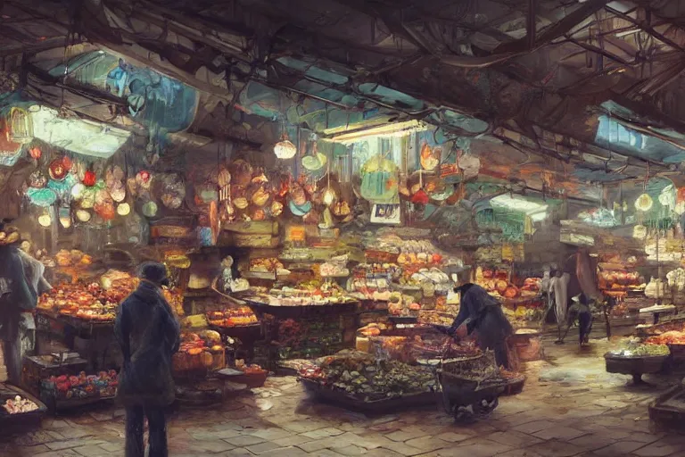 Prompt: a beautiful painting of an underground market, Feng Zhu, digital art, artstation