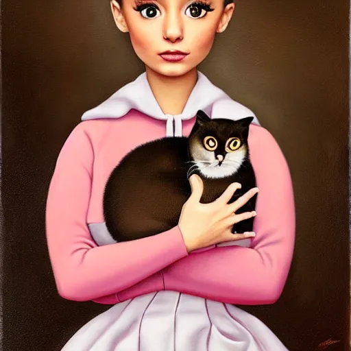 Prompt: ariana grande holding an extremely annoyed, hissing cat, lowbrow painting by mark ryden