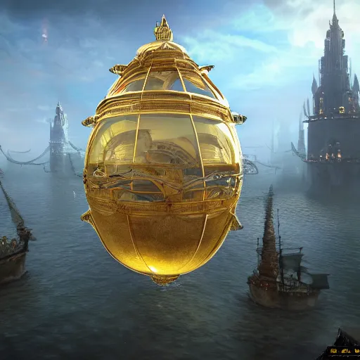 Prompt: enormous floating city in a faberge egg, sky, steampunk, fantasy art, unreal engine,