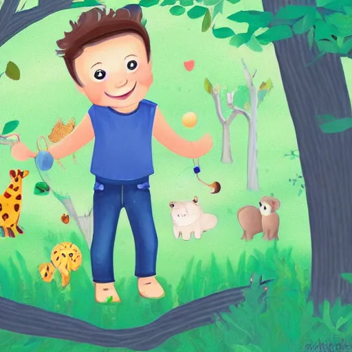 Image similar to a beautiful illustration of a little cute boy smiling in a forest and different animals circle around him, digital art