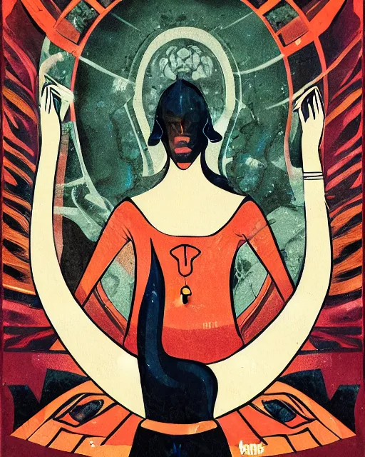 Prompt: retro dark vintage sci - fi. 2 d matte dark gouache illustration in a mystical style. a woman in a river holding two vases. symmetrical face.