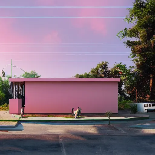 Prompt: modernist house inspired by a taco bell between big trees, light pink clouds, dramatic lighting, artstation, matte painting, raphael lacoste, simon stalenhag, frank lloyd wright, zaha hadid