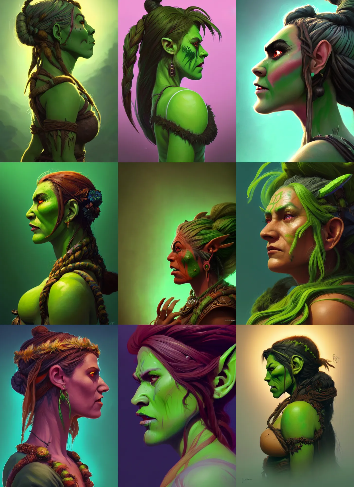 Prompt: side profile centered painted portrait, female orc forest druid, tribal, green skin, d & d, gloomhaven, matte painting concept art, art nouveau, beautifully backlit, swirly vibrant color lines, fantastically gaudy, aesthetic octane render, 8 k hd resolution, by ilya kuvshinov and cushart krentz and gilleard james