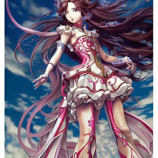 Image similar to exquisite imaginative fate manga poster of princess, long wavy hair, armor, ruffles, by shigenori soejima, minaba hideo, katsuhiro otomo, jump comics, fluorescent, illustration, artstation, dark fantastic, highly detailed, 8 k, maximalist
