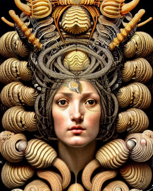 Image similar to hyperrealistic detailed face portrait of the beautiful goddess of the giant isopods with an intricate golden ornamental geometrical giant isopod headdress, art by ernst haeckel, john william godward, android jones, h. r. giger, gothic - cyberpunk, ornamental, dimmed pastel colours,