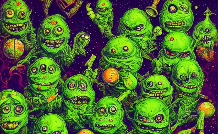 Prompt: an army of different green tennis ball monsters, in space, digital art, fantasy, magic, chalk, trending on artstation, ultra detailed, detailed, fine details, professional illustration by basil gogos