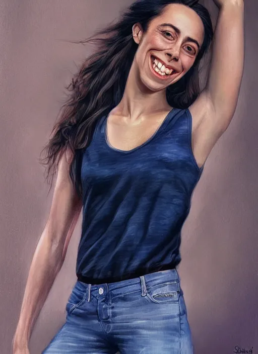 Image similar to full length photo of an smiling Oona Chaplin in a tanktop in the style of stefan kostic, not realistic, sharp focus, 8k high definition, insanely detailed, intricate, elegant, art by stanley lau and artgerm