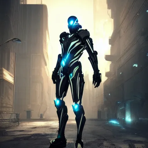 Prompt: crysis nanosuit, warframe, 5 0 feet tall, cyberpunk city, robot, mech, h. r. giger