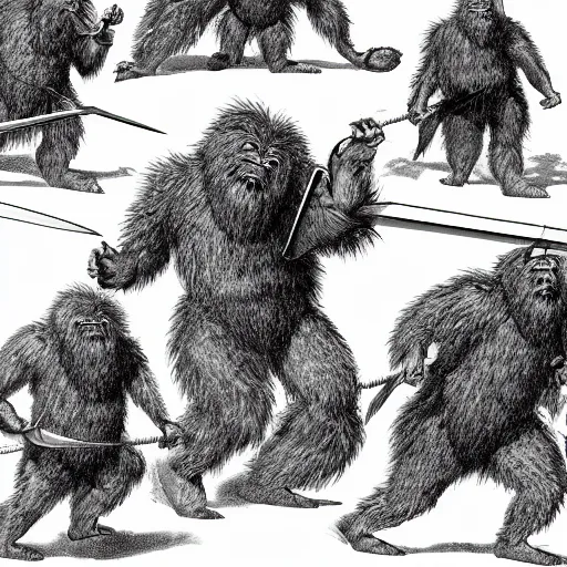 Image similar to a high detailed realistic photo of a group of armored yeti and sasquatch battling with swords shields andsd pears