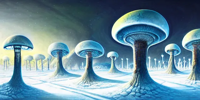 Image similar to painting artic snow covered alien mushroom labyrinth consuming futuristic mega city from blade in the style of florapunk by tomasz alen kopera and daniel lieske with futuristic castle by simon stahlenhag