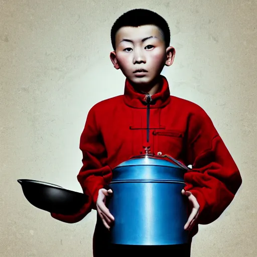 Prompt: dramatic portrait of chinese boy buzz cut, holding a cooking pan, digital painting