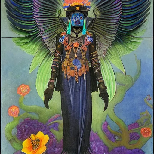 Image similar to the raven god-king, by Annie Swynnerton and Nicholas Roerich and Diego Rivera, bioluminescent skin, tattoos, wings made out of flowers, elaborate costume, geometric ornament, symbolist, cool colors like blue and green and violet, smooth, sharp focus, extremely detailed