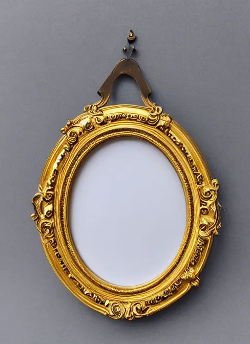 Image similar to beautiful baroque oval portrait picture frame, royal, gilded with gold, magical, fantasy, metallic, fantasy, illustration