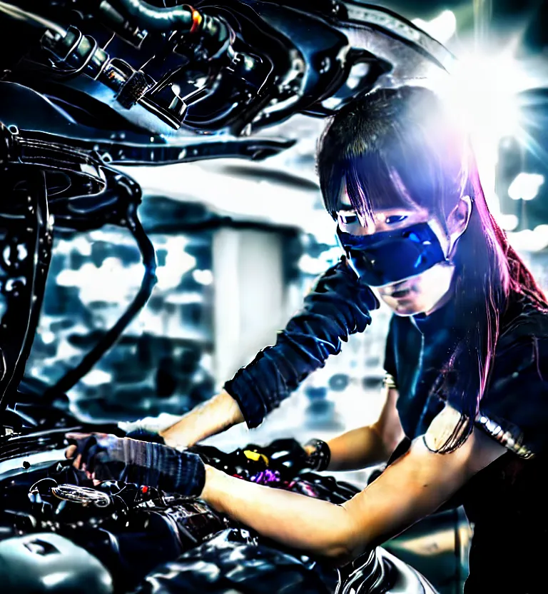 Prompt: a photo close up a female mechanic working on engine of a cyberpunk supercar, wearing mask, japanese tuning garage, cyberpunk gunma prefecture, midnight, photorealistic, cinematic color, studio lighting, highly detailed, bokeh, style by tomino - sama