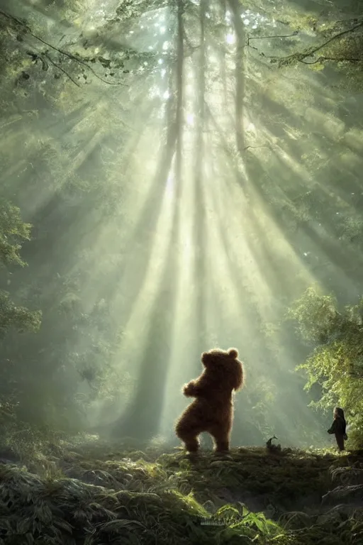 Image similar to mean fluffy teddybear protecting girl in a forest with rays of light coming through the canopy, masterpiece, dystopian, sci-fi, extremely detailed, digital painting, sculpted in zbrush, artstation, concept art, smooth, sharp focus, illustration, chiaroscuro lighting, golden ratio, incredible art, artgerm, greg rutkowski, alphonse mucha, simon stalenhag, carravaggio