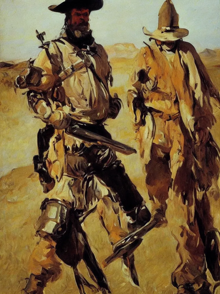 Image similar to a filmmaker cowboy dressed in ned kelly iron chicken armour, painted by sorolla and anders zorn