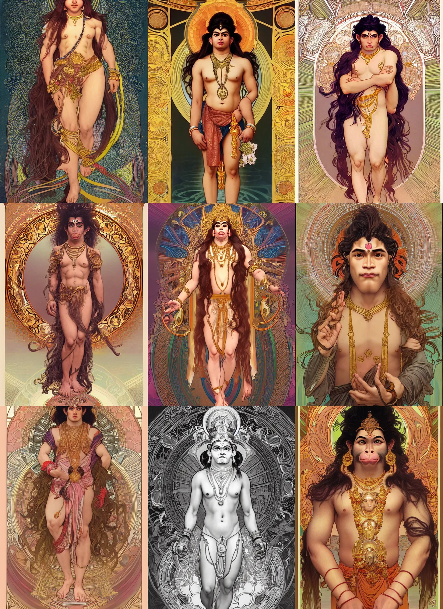 Prompt: a full body portrait of beautiful ornated hanuman god with flowing medium hair, soft facial features, kind!! appearence, digital art by ross tran and alphonse mucha, symmetrical body, artgerm, portrait, muted color scheme, highly detailed, outrun art style