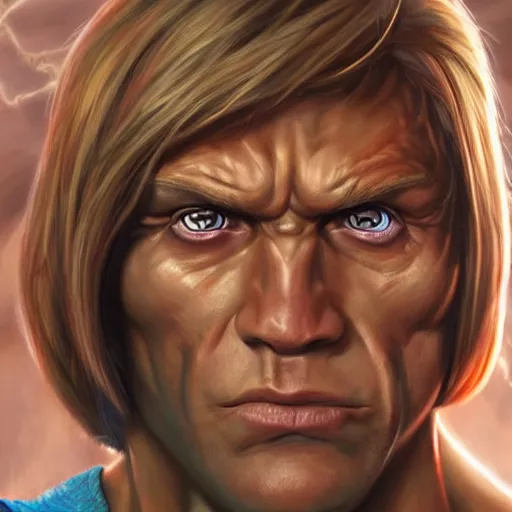 Image similar to ultra realistic portrait painting of he - man, stanley artgerm, 4 k, ultra realistic, highly detailed, epic lighting