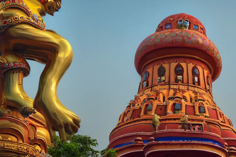 Image similar to high quality dreamscape! biomorphic new delhi, hanuman!! head building, kalighat, octane highly detailed, cinematic smooth, stephen shore & john j. park, soft morning light, wide shot, high angle, uhd 8 k, deep focus