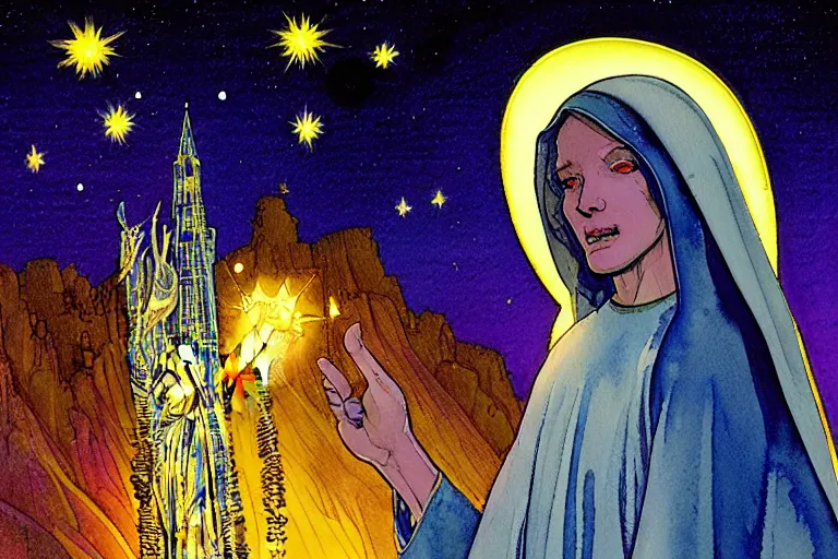 Prompt: a hyperrealist watercolour character concept art portrait of the blessed virgin mary protecting the city from an alien invasion on well lit starry night in las vegas, nevada. neon lights. there is a man in black. by rebecca guay, michael kaluta, charles vess and jean moebius giraud