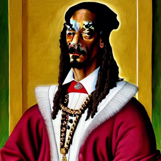 Image similar to a highly detailed portrait of snoop dogg, wearing elegant tudor clothes, inside a room with thick red tapestries, oil painting by hans holbein and alessandro allori and richard burbage