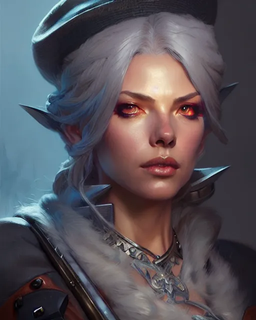 Image similar to ashe from overwatch, character portrait, concept art, intricate details, highly detailed by greg rutkowski, michael whelan and gustave dore