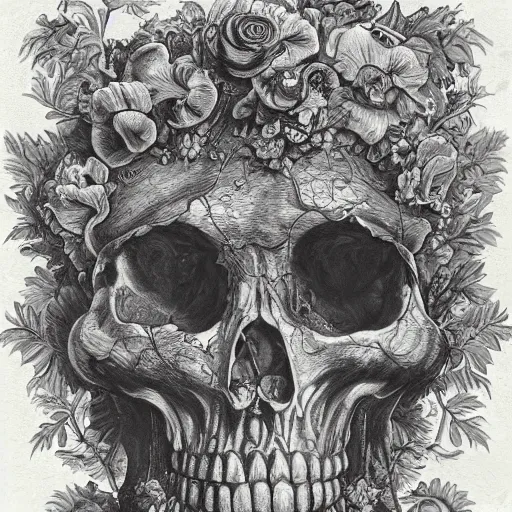 Prompt: a beautiful detailed rococo photo of a rotten woman corpse becoming almost a skull with face muscles, veins, arteries, fractal plants and fractal flowers and mushrooms growing around, intricate, ornate, volumetric light, beautiful lit, beetlejuice