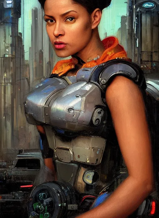 Image similar to Sophie Igwe. Strong Beautiful Cyberpunk mechanic with robotic legs. (Cyberpunk 2077, bladerunner 2049). Gorgeous face. Iranian orientalist portrait by john william waterhouse and Edwin Longsden Long and Theodore Ralli and Nasreddine Dinet, oil on canvas. Cinematic, vivid colors, hyper realism, realistic proportions, dramatic lighting, high detail 4k