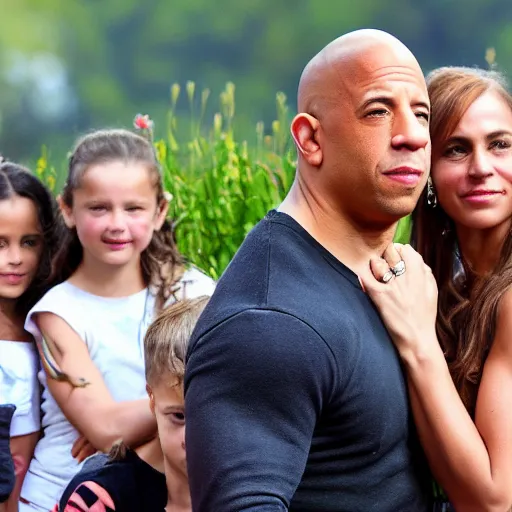 Image similar to closeup photo of vin diesel and his wife and 6 children, sunny day, village house, pastoral, happy, very high detail of faces, cinematic, art by jan urschel and neil blevins
