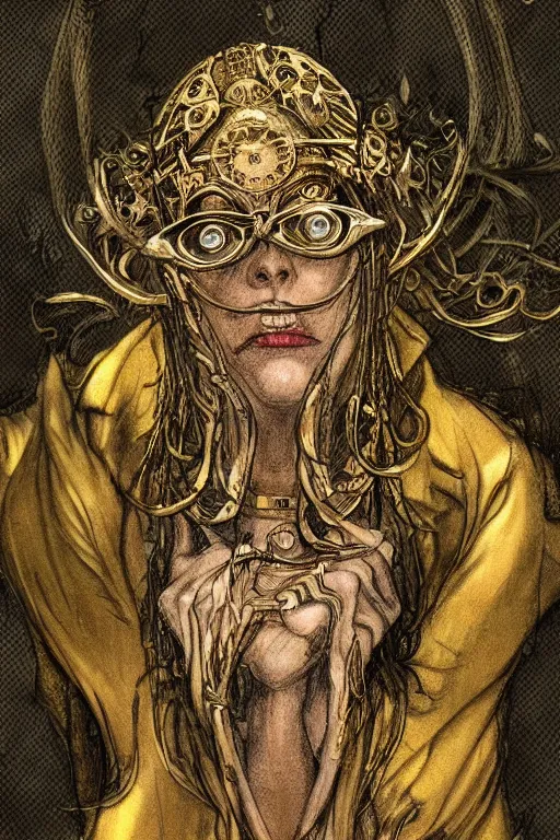 Image similar to grell alchemist wearing gold jewelry, in the style of Greg Broadmore and Arthur Rackham,trending on artstation, light lighting side view,digital art,surrealism ,macro,blueprint ,vaporwave ,