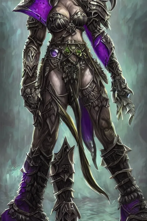 Prompt: world of warcraft concept art, barbarian warrior woman, long green hair, heavy silver armor with amethysts details