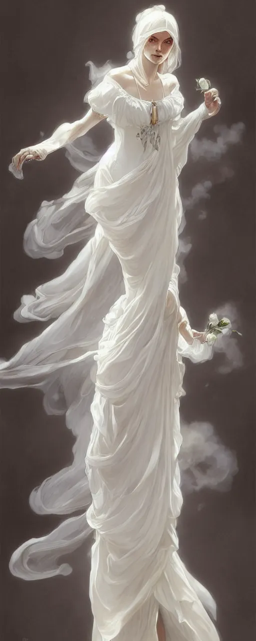 Prompt: woman dressed in a vaporous wrapped large victorian white roses semi -transparent silk dress fashion, D&D, fantasy, intricate, elegant, highly detailed, digital painting, artstation, concept art, matte, sharp focus, illustration, art by Artgerm and Greg Rutkowski and Alphonse Mucha