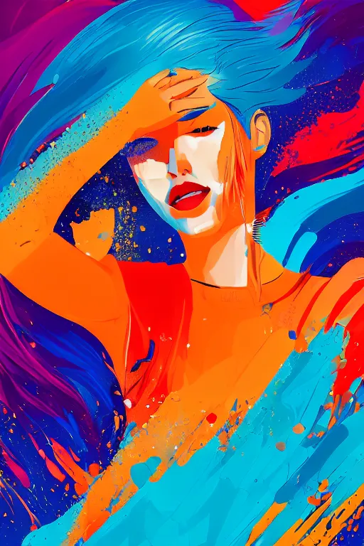 Image similar to a award winning half body portrait of a beautiful woman in a croptop and cargo pants with ombre orange blue teal hairstyle with head in motion and hair flying, paint splashes, splatter, outrun, vaporware, shaded flat illustration, digital art, trending on artstation, highly detailed, fine detail, intricate