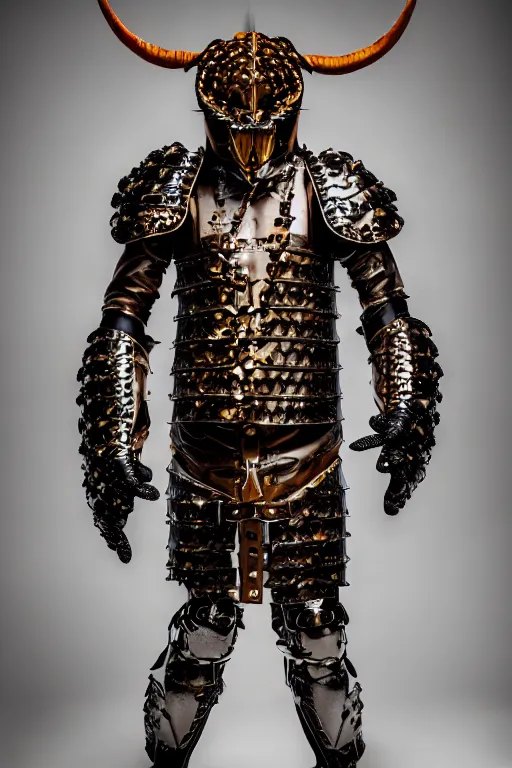 Image similar to very ashamed and angry demon envoked by louis vuitton for modeling in louis vuitton armor, luxury materials, symmetrical, cinematic, elegant, professional studio light, real dlsr photography, sharp focus, 4 k, ultra hd, sense of awe, high fashion