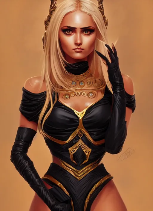 Image similar to a highly detailed illustration of fierce blonde tanned skin goddess ereshkigal wearing black dress, dramatic elegant powerful pose, perfect face, perfect body, intricate, elegant, highly detailed, centered, digital painting, artstation, concept art, smooth, sharp focus, league of legends concept art, wlop