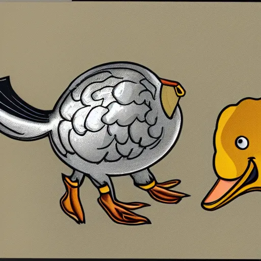 Image similar to a chrome - plated duck with a golden beak arguing with an angry turtle in a forest.