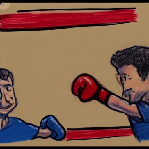 Prompt: a piece of paper with 'zuckerberg in a boxing match' laying on kitchen table, crude crayon scribbles, poorly drawn